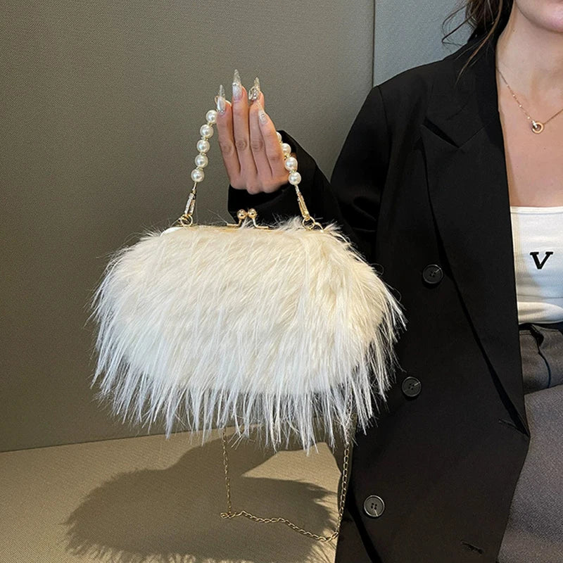 Luxury Faux Fur Evening Bag Fluffy Solid Color Shoulder Bag Large Capacity Pearl Handle Clutch Crossbody Bag For Women