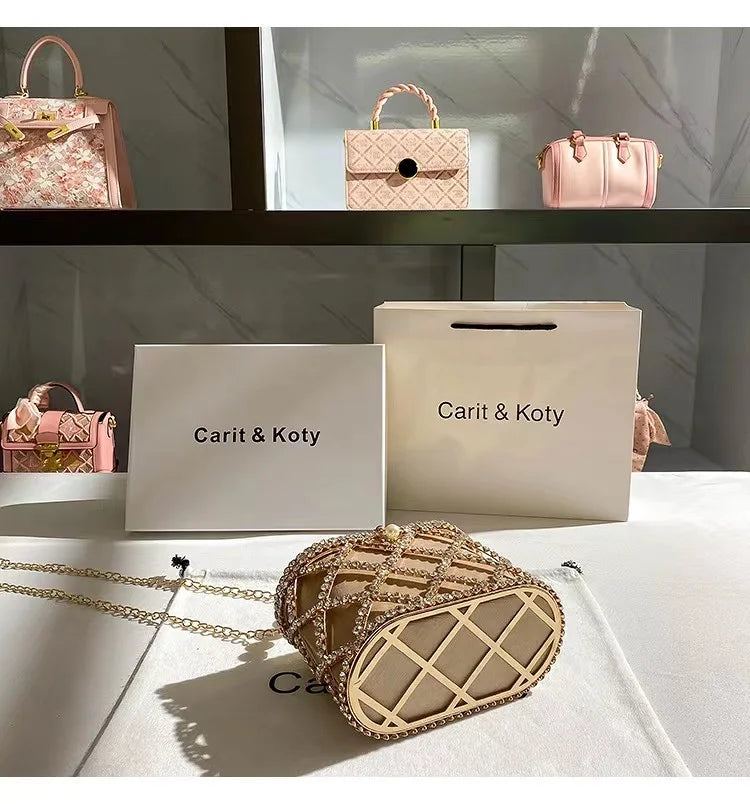 Luxury Designer Glod Metal Cage Pearl Beading Handle Women Handbag Evening Bag Wedding Party Clutch Purse Shoulder Crossbody Bag