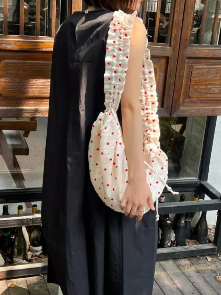 Women Chic Underarm Bag Large Capacity Polka Dot Retro Crossbody Bag All Matched Pleated Dumpling Bag Casual Zipper Canvas Bag