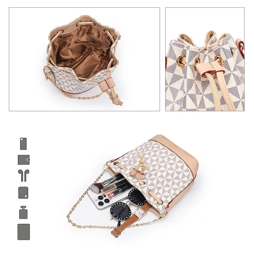 Floral Women Bucket Bags Leather Ladies Shoulder Bags Drawstring Women Side Bags