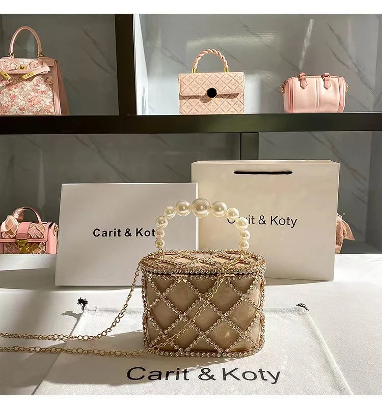 Luxury Designer Glod Metal Cage Pearl Beading Handle Women Handbag Evening Bag Wedding Party Clutch Purse Shoulder Crossbody Bag