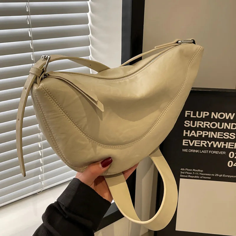 Niche Design Simple Solid Colour Dumpling Bag Women New Fashion Senior Sense PU Leather Shoulder Bag Versatile Crossbody Bag
