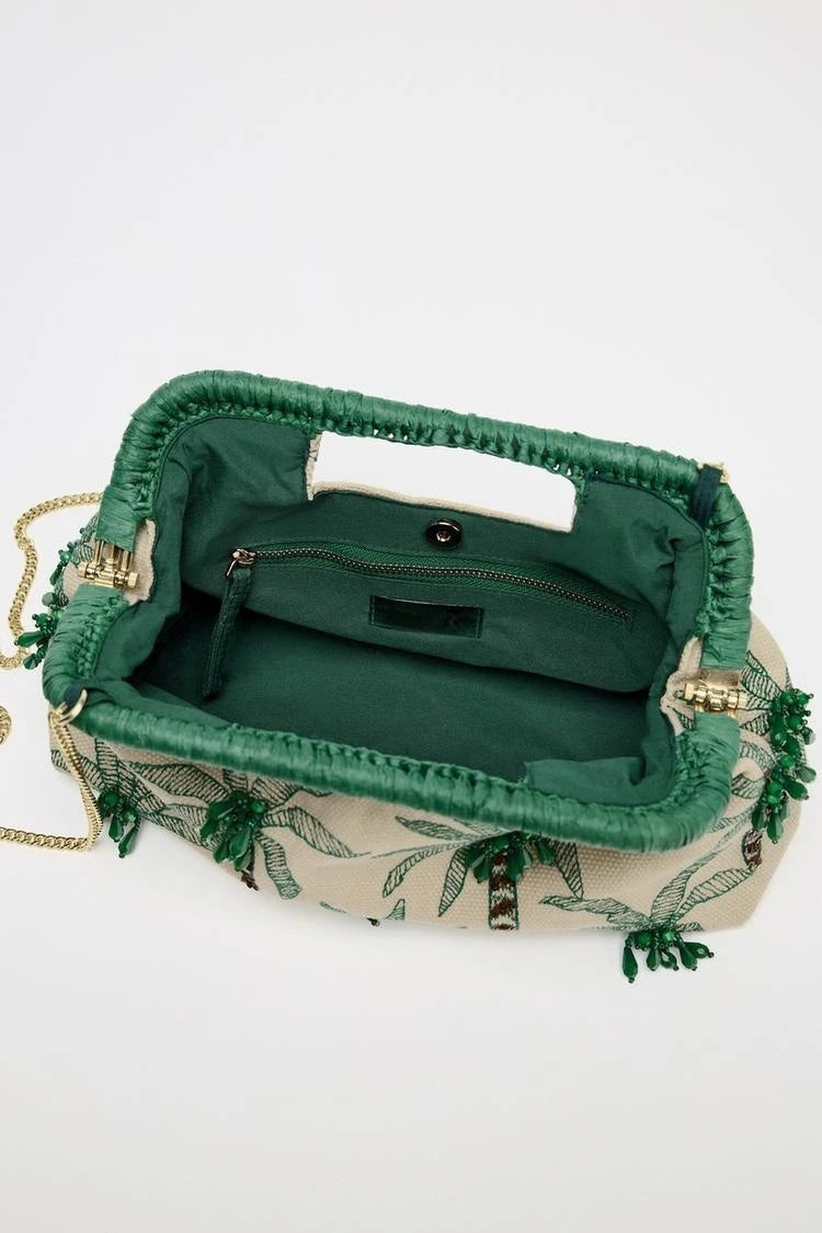 BEADED DETAIL CLUTCH, Envelope Clutchs Tree Embroidered, Luxury Designer Handbags with Removable Chain Crossbody Strap