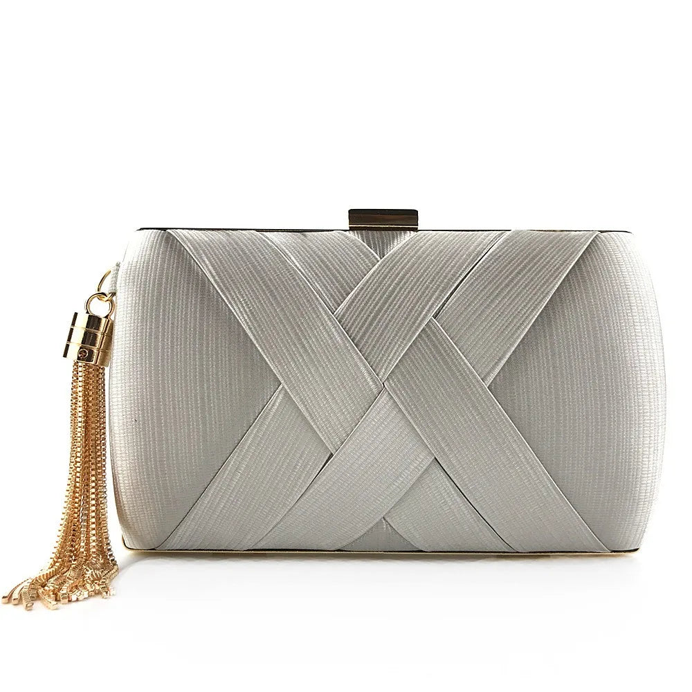Temperament Luxury Silk Fabric Dinner Handbag Chain Elegant Evening Banquet Bag Square Tassel Bridal Clutch Bag Outdoor