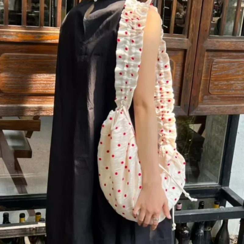 Women Chic Underarm Bag Large Capacity Polka Dot Retro Crossbody Bag All Matched Pleated Dumpling Bag Casual Zipper Canvas Bag
