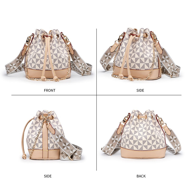 Floral Women Bucket Bags Leather Ladies Shoulder Bags Drawstring Women Side Bags